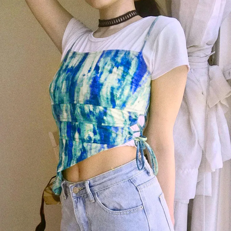 

ArtSu Tie Dye Crop Top Summer Sexy Lace Up Backless Strap Cami Tops Streetwear Sleeveless Irregular Sexy Vest Female VE52914
