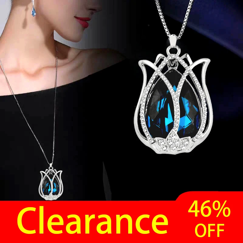 Просвет Шарм синего стекла тюльпан цветок кулон ожерелье серебро Цвет Длинная