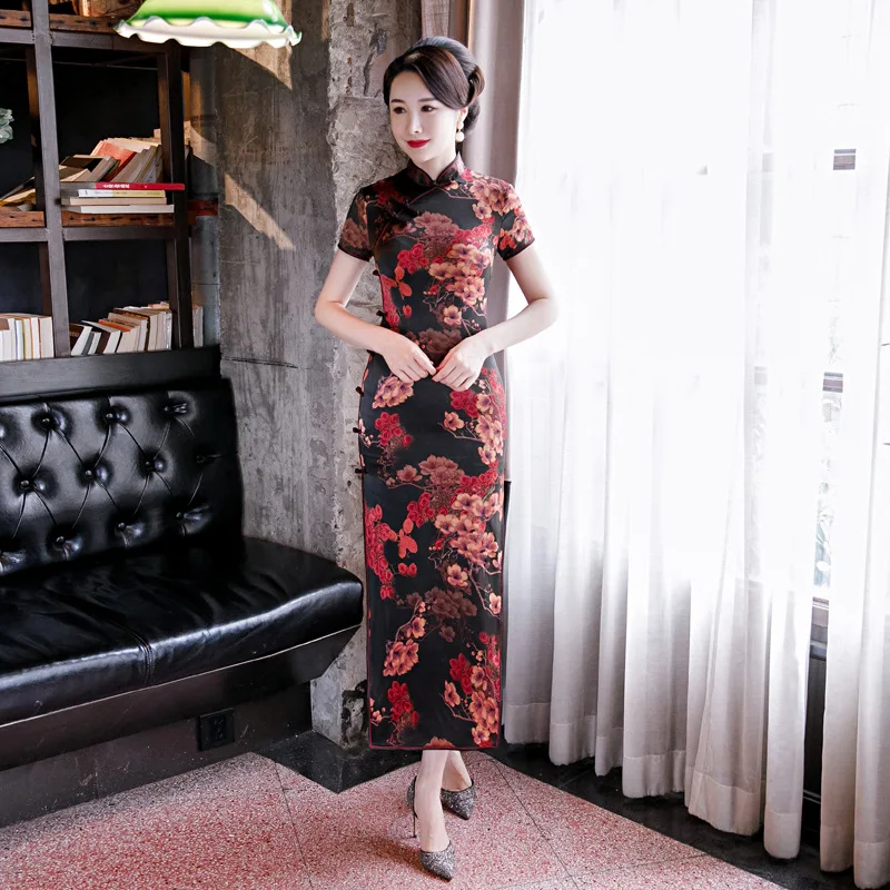 

Elegant Women Qipao Chinese Traditional Classic Mandarin Collar Cheongsam Sexy Slim Long Vestidos Novelty Print Flower Dress 3XL