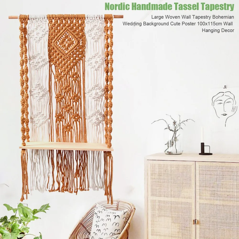 

Creative Bohemian Macrame Tapestry Rack Hand-woven Wall Hanging Flower Storage Wooden Shelf Room Decor Gift