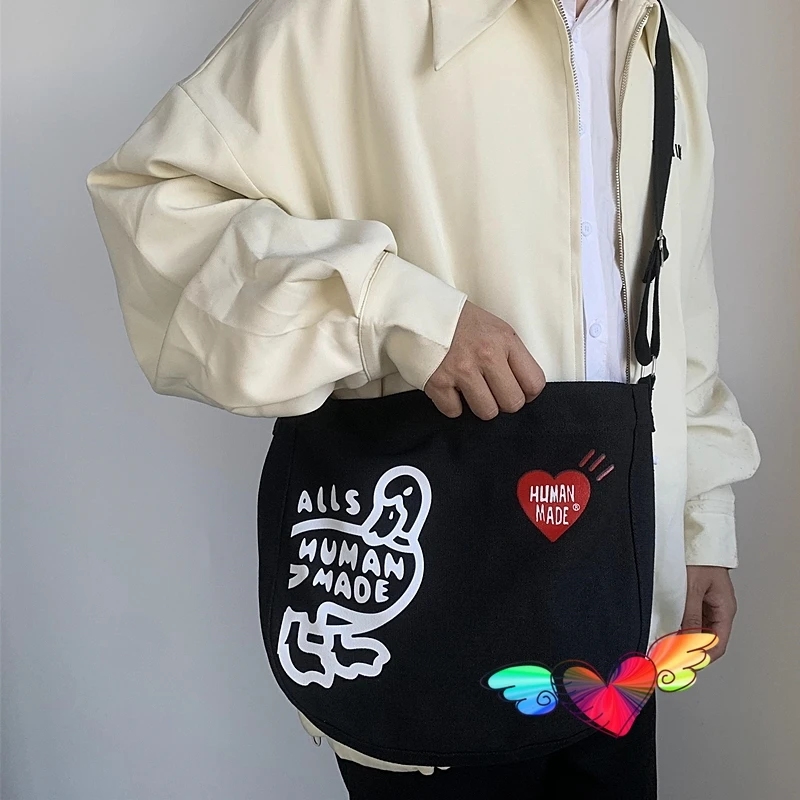 

Black Human Made Bag Men Women High Quality White Duck Logo Print Human Made Backpacks Vintage Canvas Hasp Bag