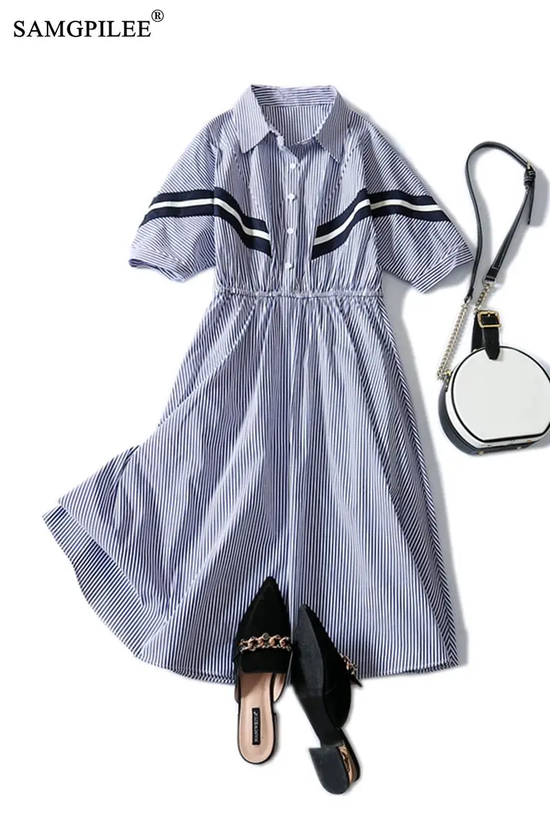 

Dresses Summer 2020 Woman Vestido Casual A-line Striped Half Sleeve Knee-length Empire Turn-down Collar Plus Size Dresses Women