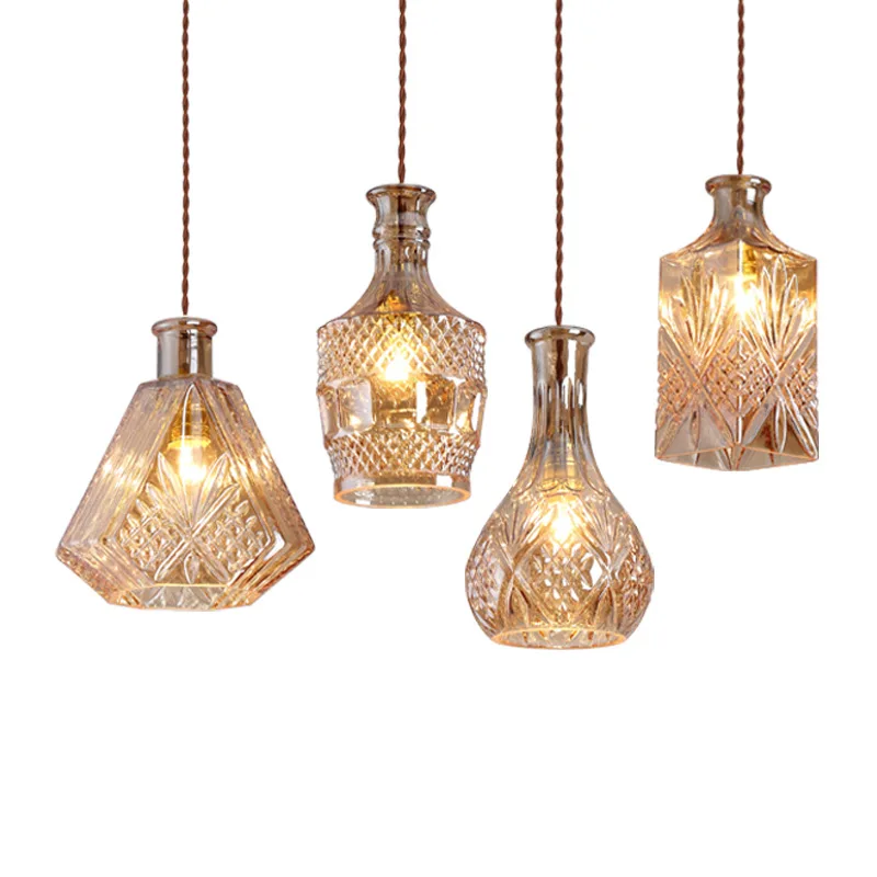 

E27 Hemp Rope Carved Wine Bottle Chandelier Wrought Iron Glass Single Head Chandelier Living Room Decoration Led Lighting