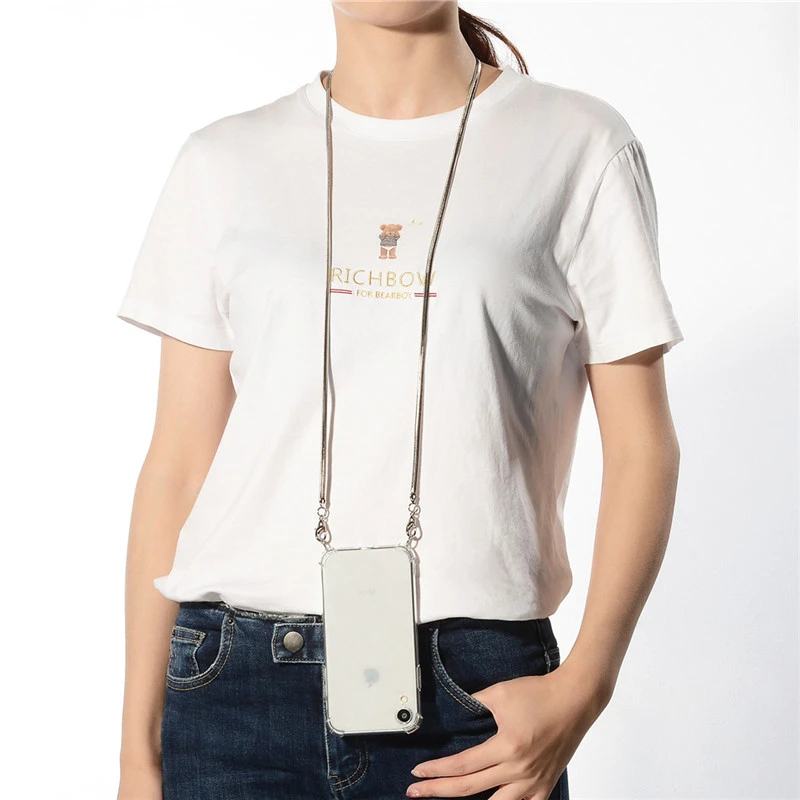 

Crossbody Strap Cord Chain Tape Necklace Metal Chain Phone Case For iPhone 12 Mini 11 X Xs XR 6 7 8 Plus SE2 Soft Clear Cove