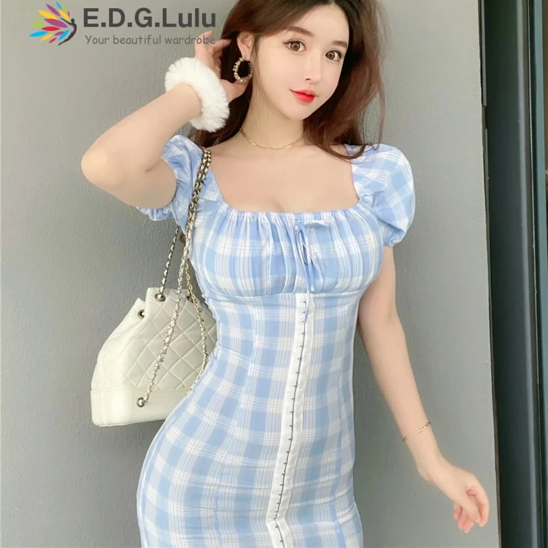 Женское платье в синюю клетку EDGLuLu повседневное элегантное облегающее с