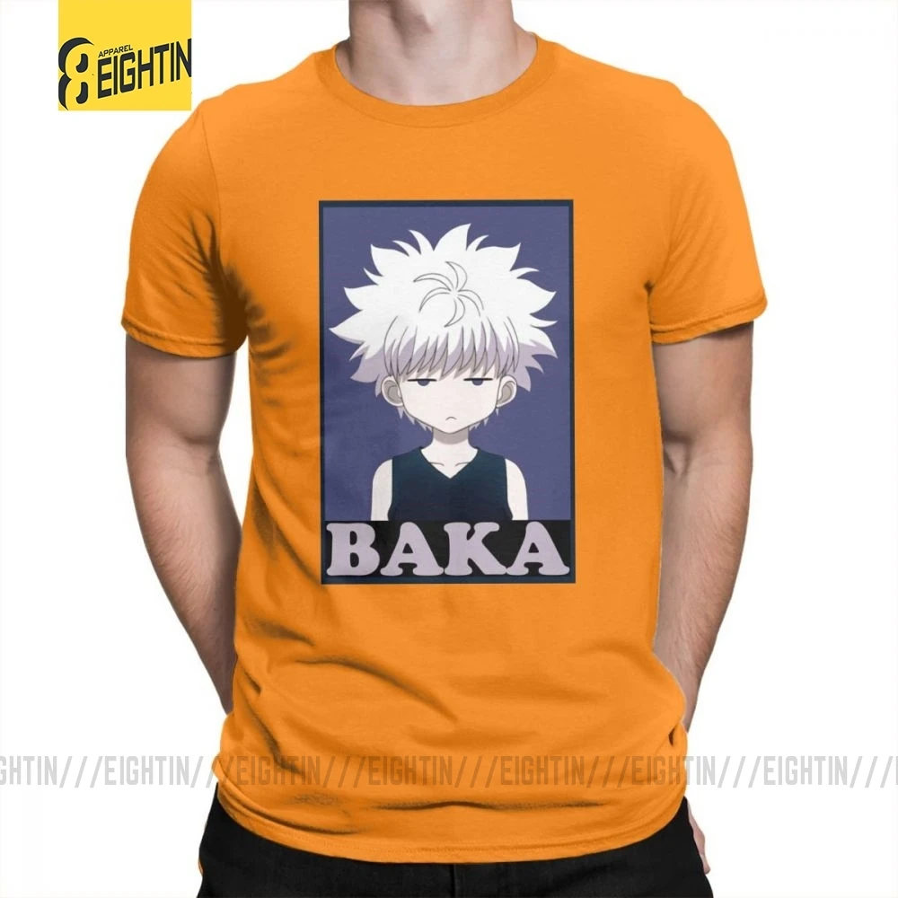 Охотник х Хантер футболки Killua Zoldyck Baka классический комикс о-образный вырез с коротким рукавом классический крой Чистый хлопок футболки мягкие мужские футболки - Цвет: Оранжевый