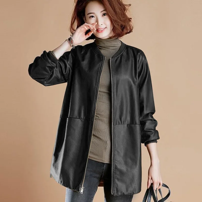 

Куртка Бейсбольная Женская в стиле оверсайз из искусственной кожи, на молнии, с карманами, с длинным рукавом, Повседневная мотоциклетная ко...