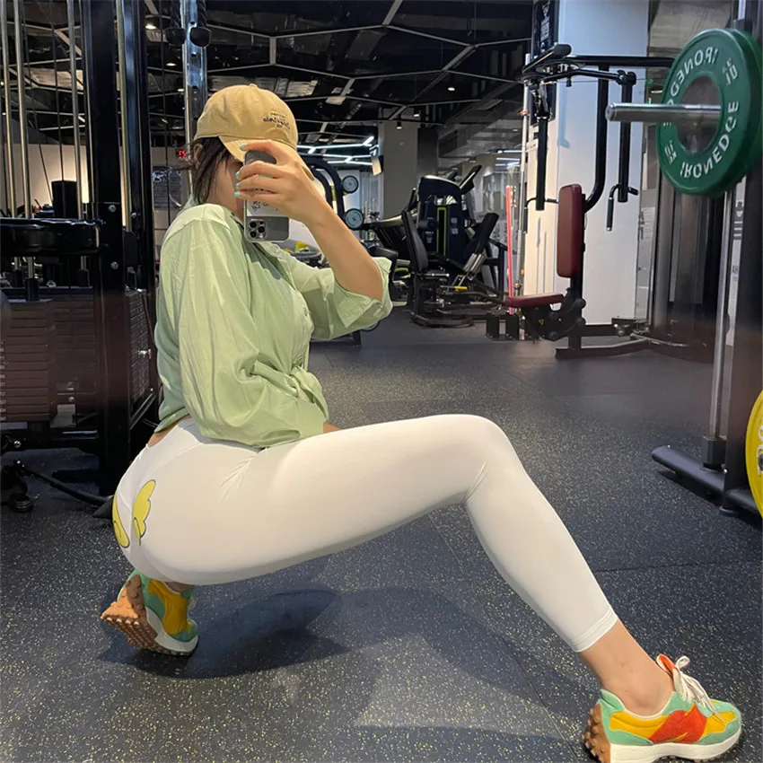 Женские штаны для йоги с мультяшными ангельскими крыльями бесшовные персиковые