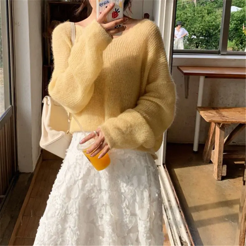 

Winter Autumn Sweater Women Knitted Sweater Solid Color Pullover V-Neck Sweet Loose Long-sleeve Knitwear Sweaters