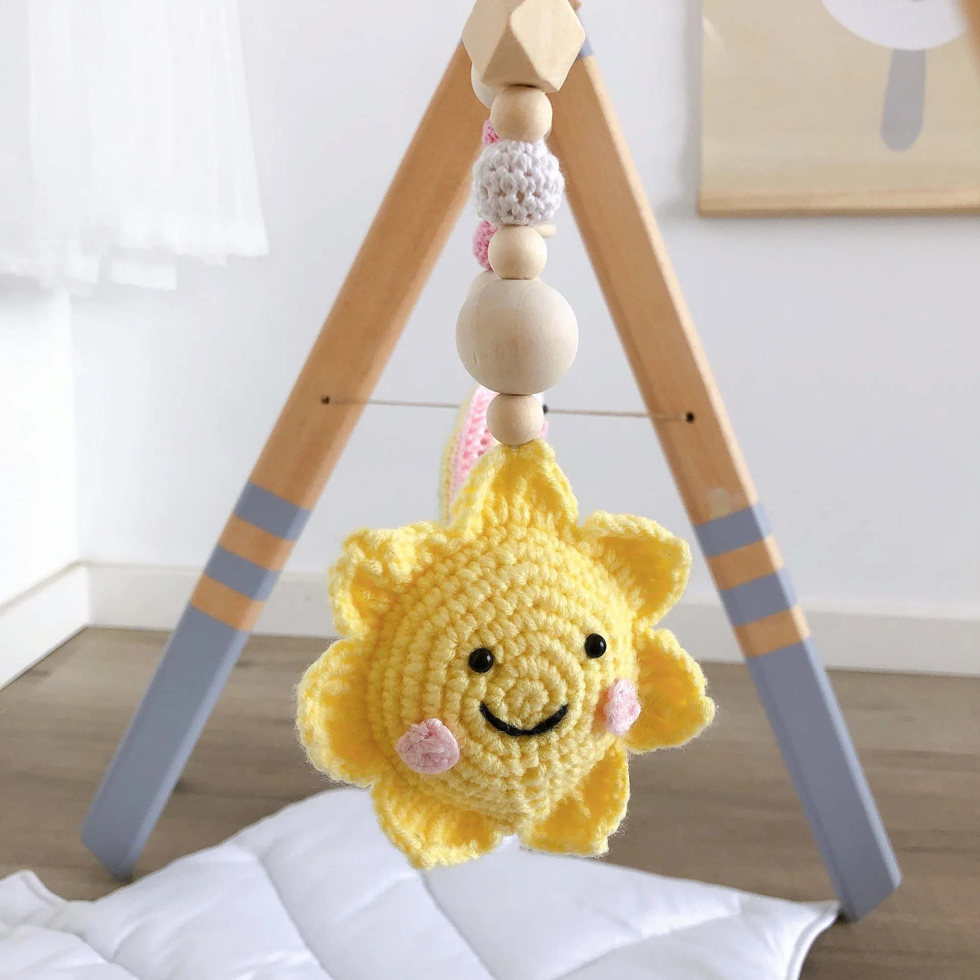 Nordic Baby Play Gym Wooden Baby Gym with 3 Toys Foldable Play Gym Frame Activity Gym Room Decor Shelf Hanging Bar Baby Toy