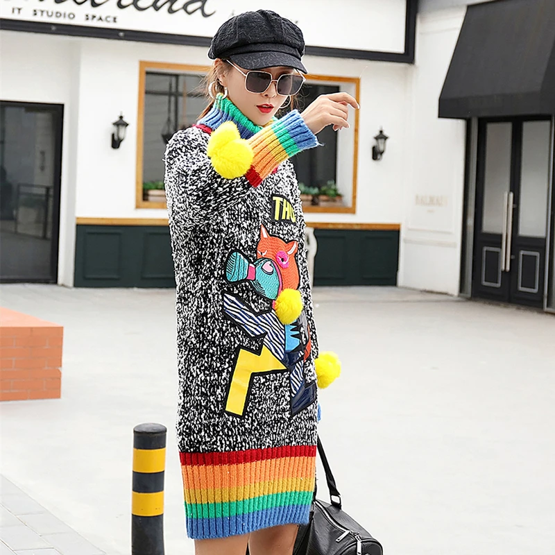 Осенне-зимний свитер с высоким воротником Женский Длинный рисунком радуги и