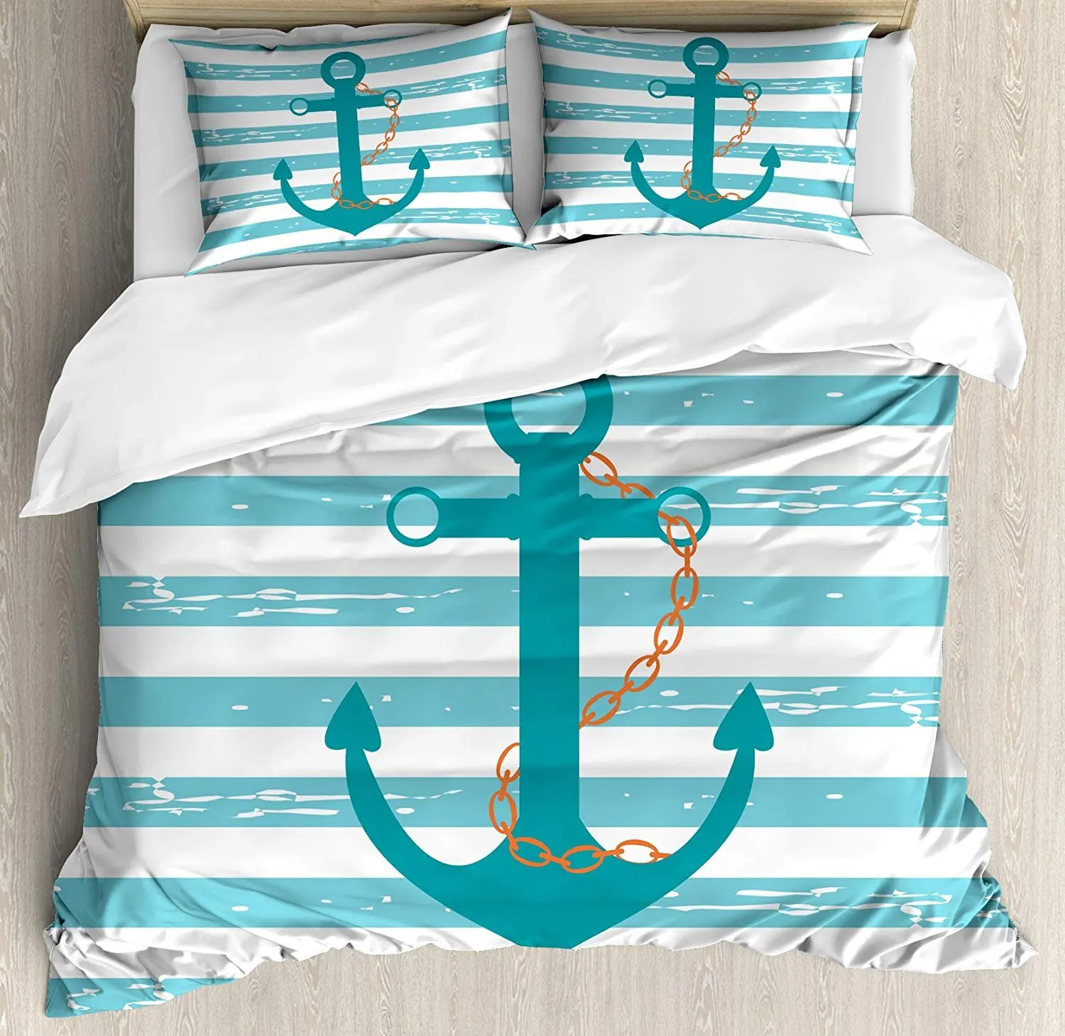 

Teal Bedding Set Ship Anchor Chain Marine Life Inspired with Lines Ocean Sailing Duvet Cover Pillowcase Bedcloth Double Bed Set