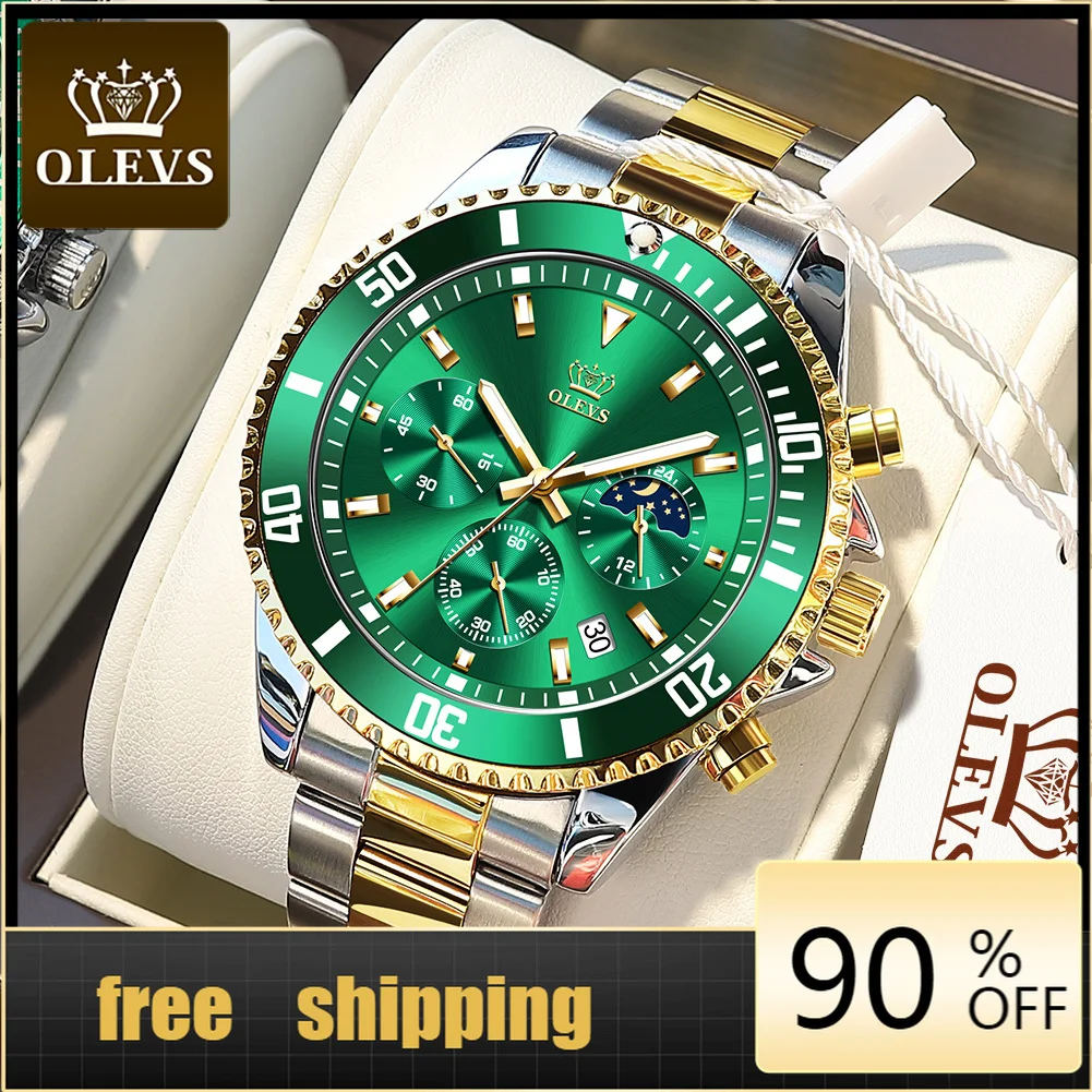 Мужские водонепроницаемые часы хронограф OLEVS с зеленым водой|Кварцевые мужские