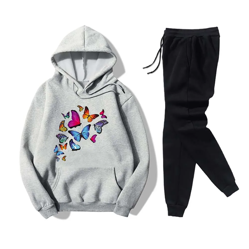 

Colorful Buttefly Printed Women Tractsuits Autumn Winter Fashion Long Sleeve Hooded Sweatshirt Long Pant Casual Sport Wpmens Set