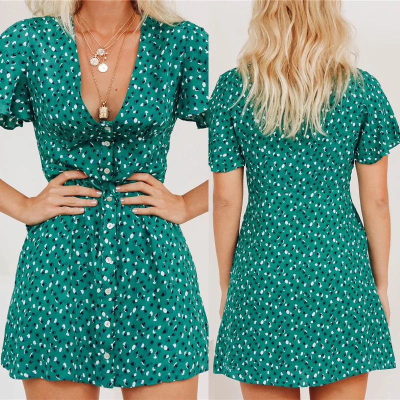 

Lotus Leaf sleeve V-neck button printed chiffon women's short sleeve dress Summer Holiday Beach Dress slim vestidos wm*