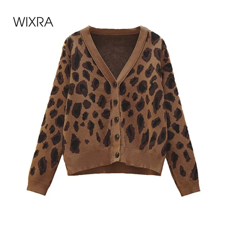 

Wixra Women's Leopard Cardigan Sweater Autumn Single Breasted V-Neck Streetwear Full Sleeve Female Knitted Tops