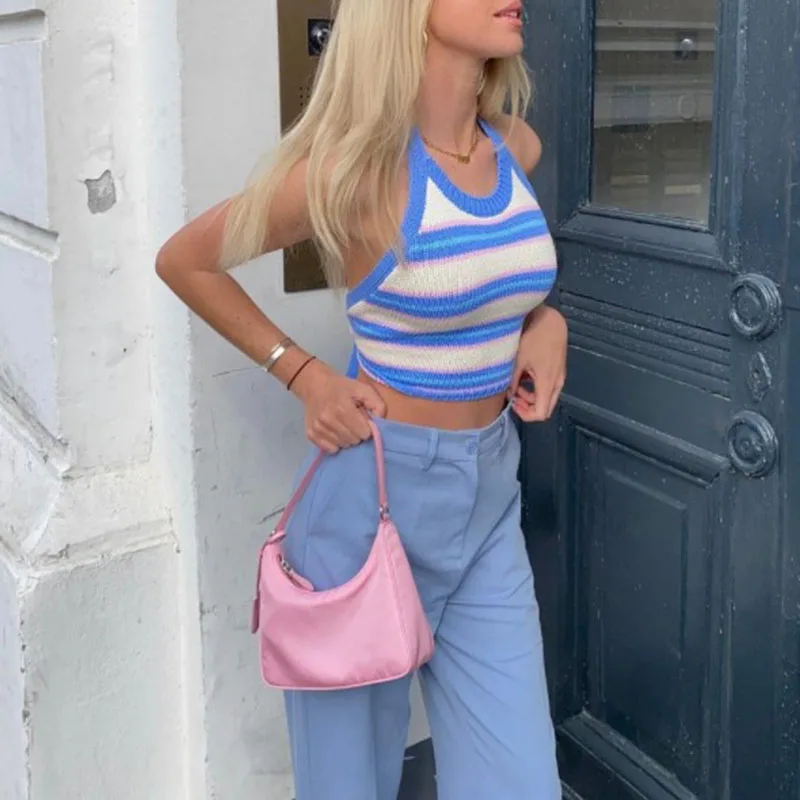 

Blue Striped Halterneck Knitted Short Tops Summer Women 2021 Sexy Backless Crop Top Tanks Fashion Y2K Girl Camis Club