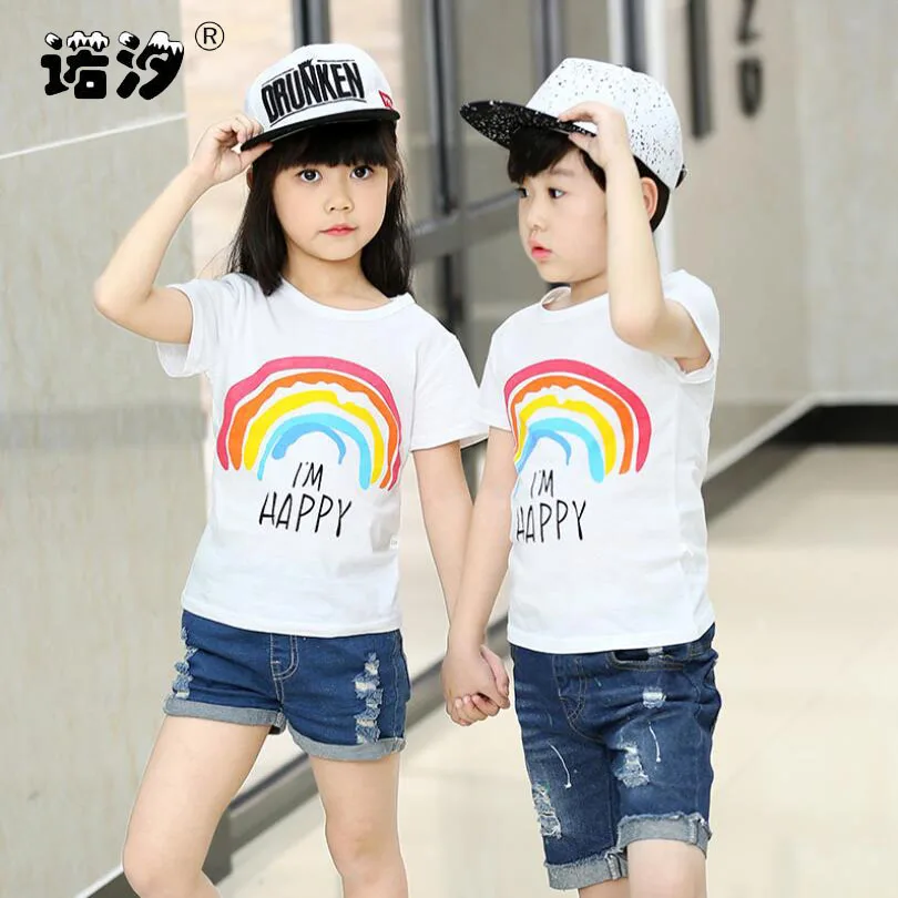 Детская одежда летняя хлопковая футболка унисекс с круглым вырезом и короткими