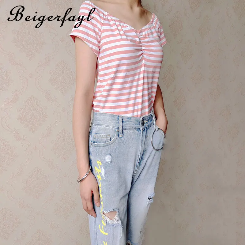 Beigerfayl футболка Camisetas Mujer Manga Corta полосатый дропшиппинг с открытыми плечами Топ для