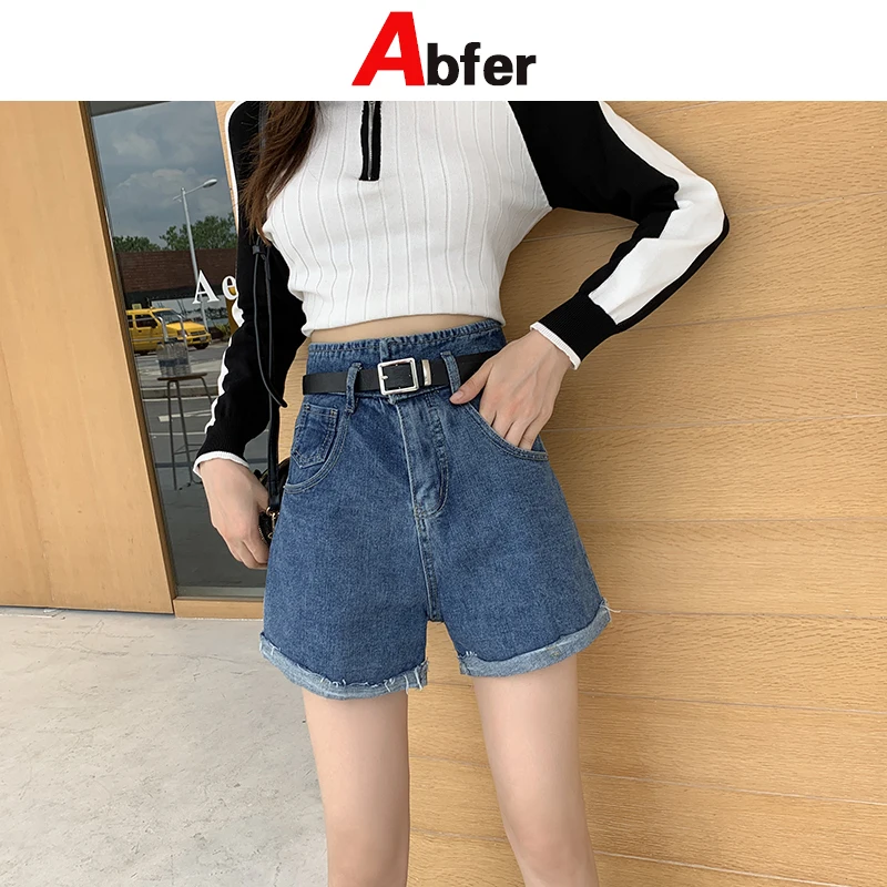 

Abfer High Waist Cuffed Large Size Summer Jean Shorts Loose Spring high waisted jeans streetwear vintage denim flare jeans