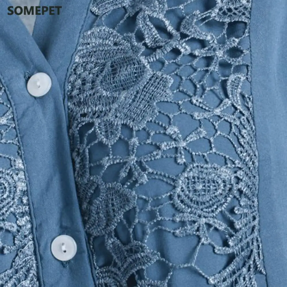 

Blouse Women Plus Size Spring Autumn Tops And Blouses Button Lace Solid V Neck Long Sleeve Loose Shirts Blusa