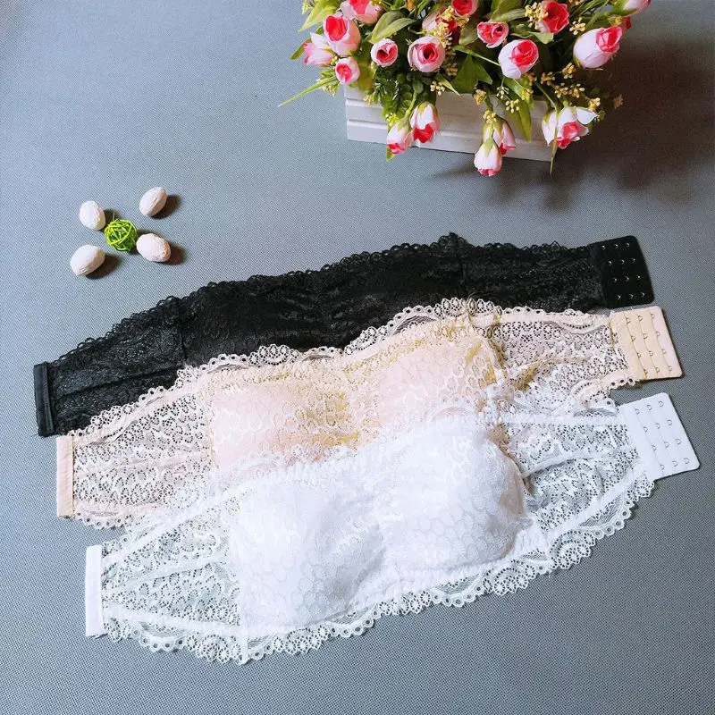 Womens Floral Lace Seamless Bandeau Wire Free 4-Hook Bralette Strapless Tube Top X3UE