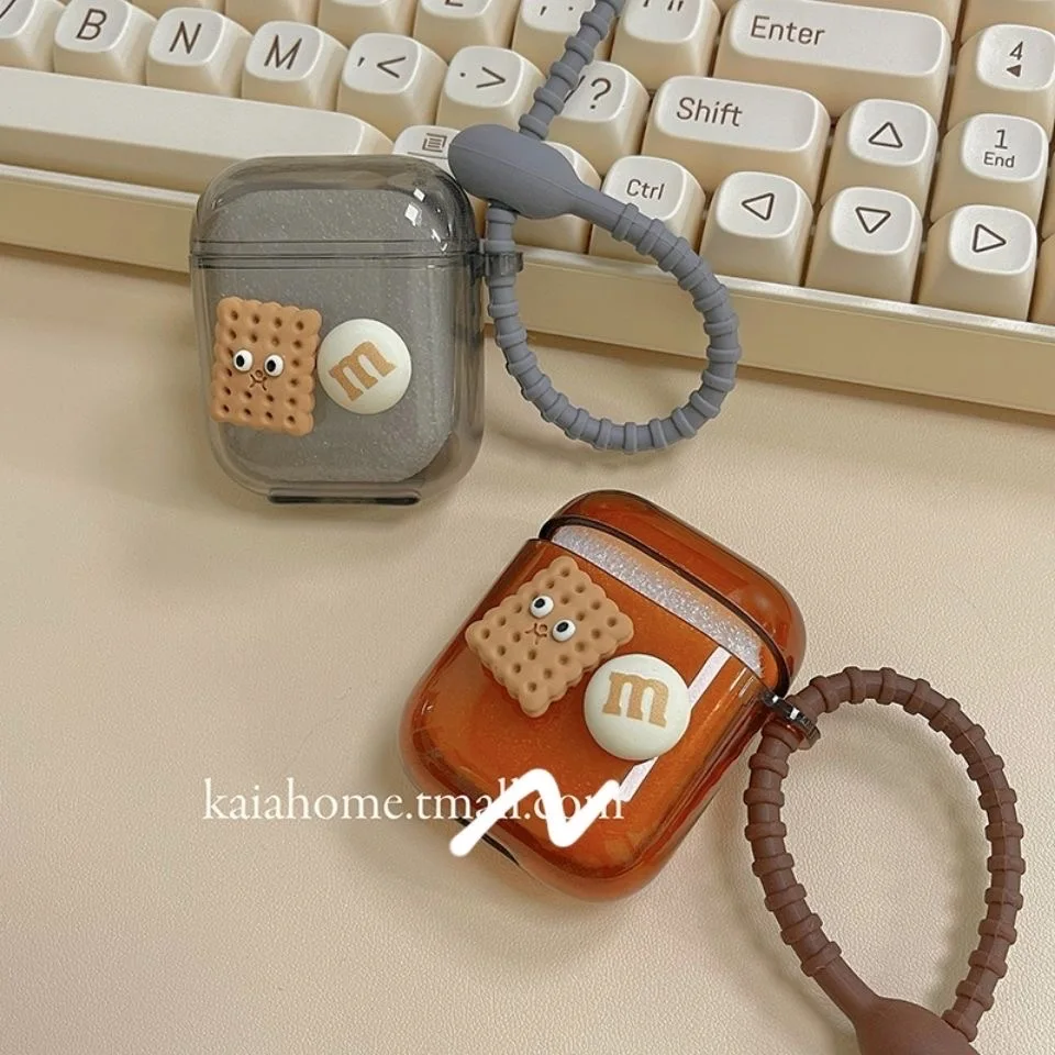 

Korean Cute 3D Biscuits Flower Doll Keychain Clear Case For AirPods 1 2 Pro Soft Wireless Bluetooth Earphone Protect Cover