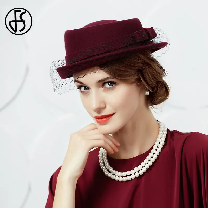 

FS Pork Pie Hats For Women Fedora Hat With Veil Wide Brim Black Wool Felt Hats Floppy Party Trilby Church Hats Chapeau Femme