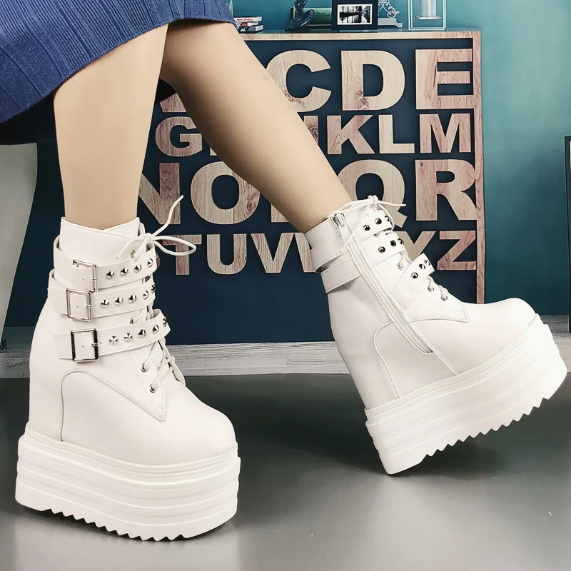 2019 Fall New 14 Cm Super High Heel Martin Boots Sexy Rivets Womens Fashion Wedges Short Increase Within Ankle | Обувь