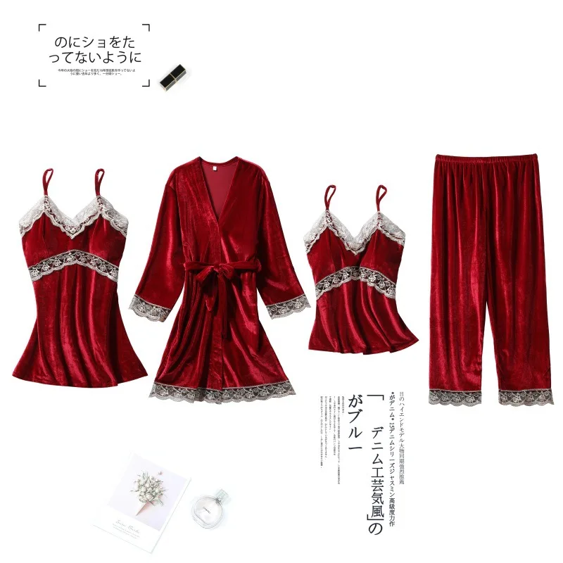 

Autumn New Women Pajams 4PCS Robe Set Sexy Patchwork Hollow Lace Sleepwear Intimate Lingerie With Bra Pink Loose Home Clothes