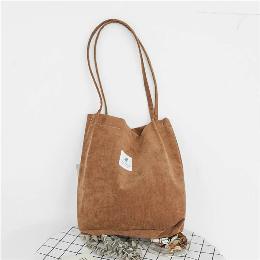 

High Capacity Women Corduroy Tote Ladies Casual Solid Color Shoulder Bag Foldable Reusable Women Shopping Beach Bag