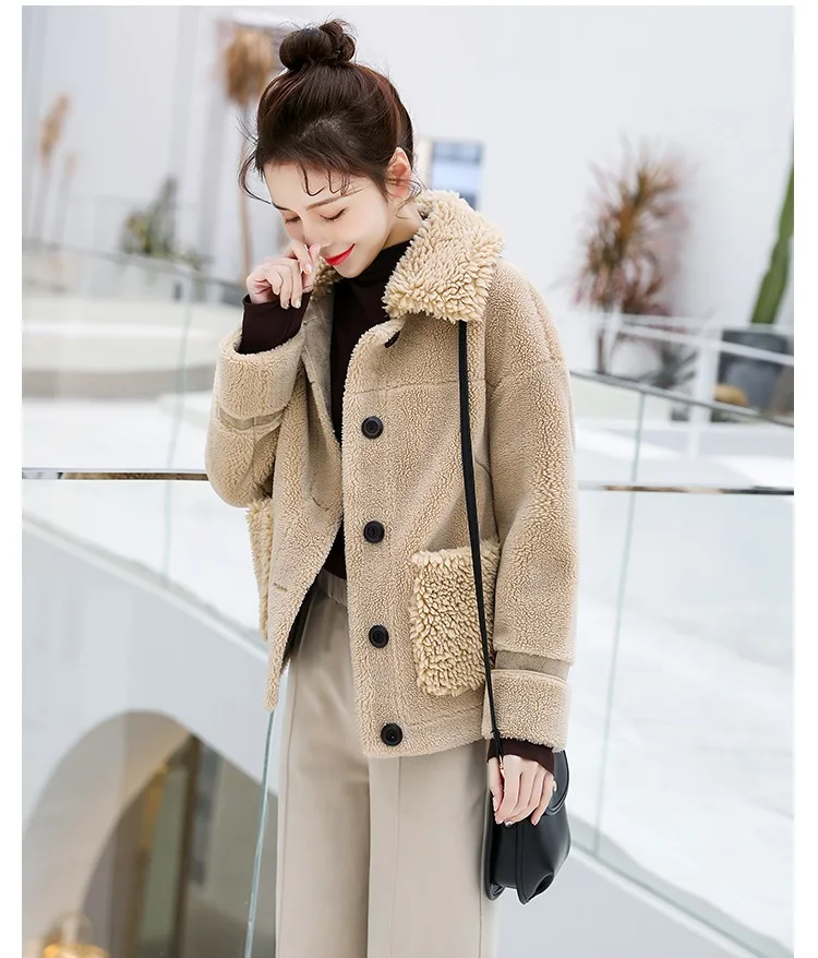 

Female Fur Sheep Shearing Parka Overcoat Women Short Full Office Lady Fashion Korean Autumn Winter Lambskin Jacket
