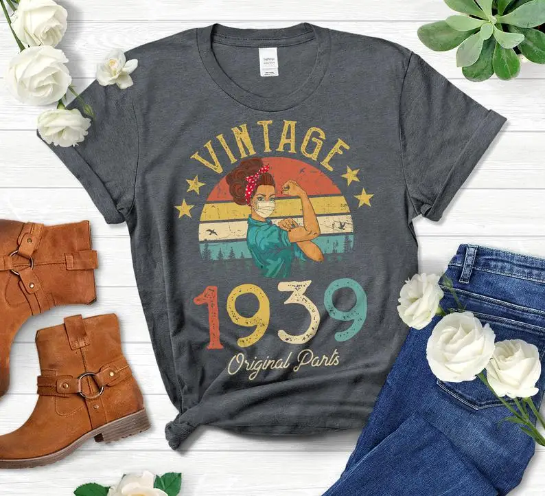 

Vintage 1939 Original Parts Retro with Mask Quarantine Edition Tshirt Funny 82st Birthday Gift Colorful printed shirt tops goth