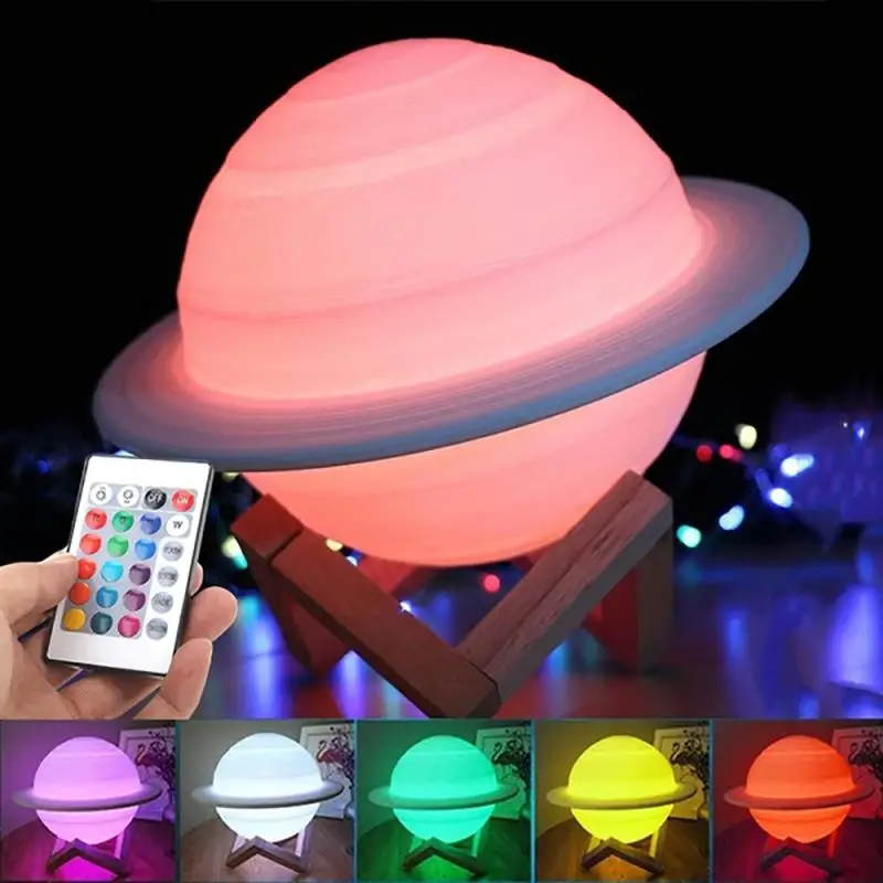 Rechargeable 3D Print Saturn Lamp Like Moon Lamp Night Light For Sky Touch Light With 3Colors 16 Colors Remote Home Decor Gift