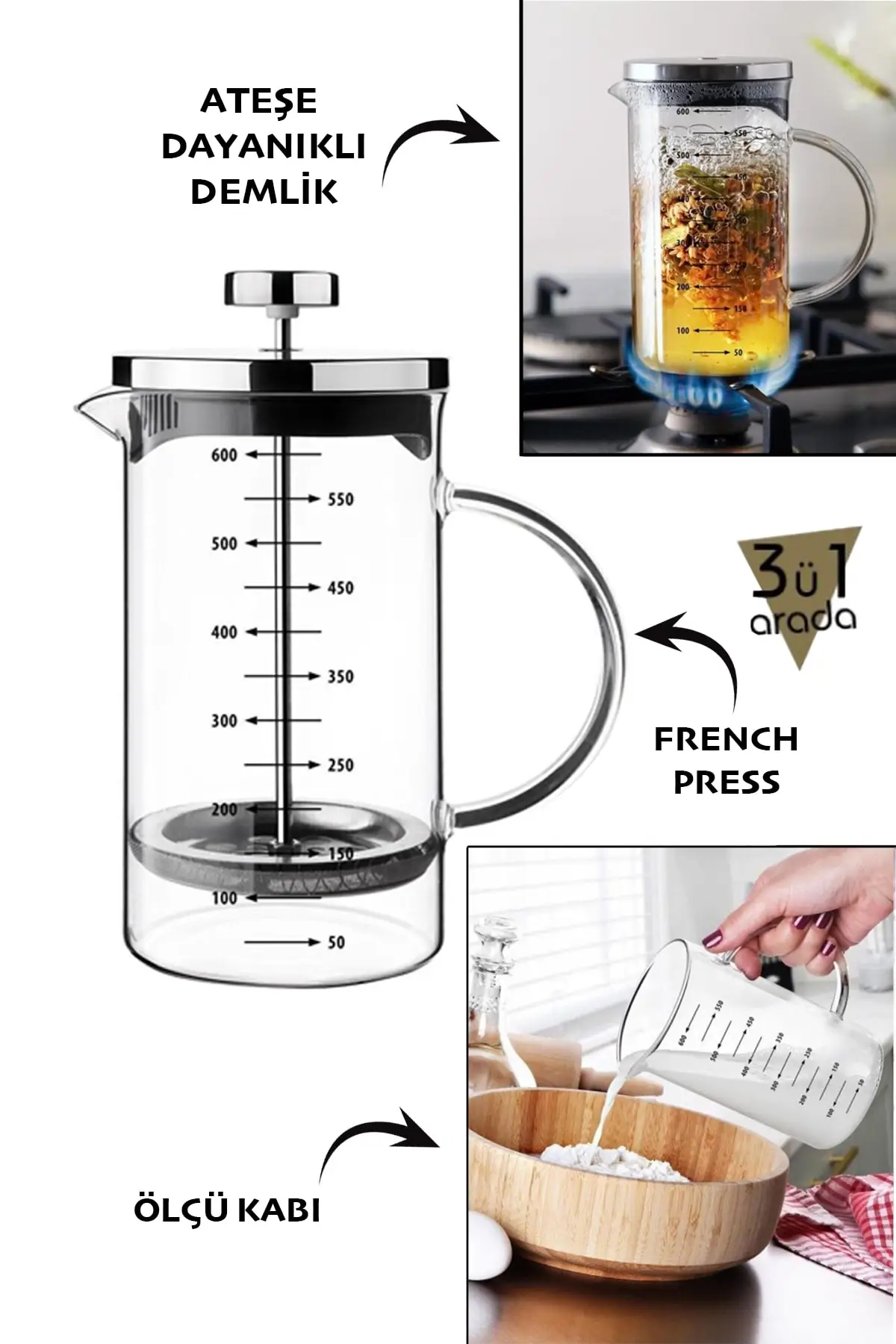 

3 in 1 Borosilicate French Press 600ml Measuring Cup Heat Resistant Coffee Pot