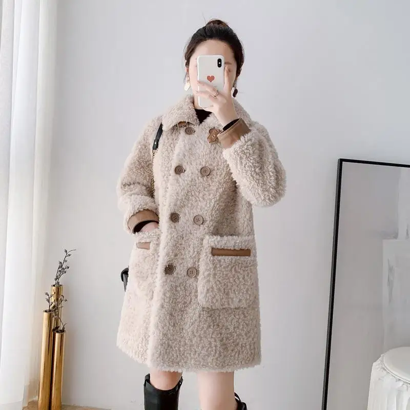 Women Winter Faux  Wool Fur Coat Jacket Female Girl Sheep Shearing Coats Lady Long Jacket Turn Down Collar  Parkas Q263