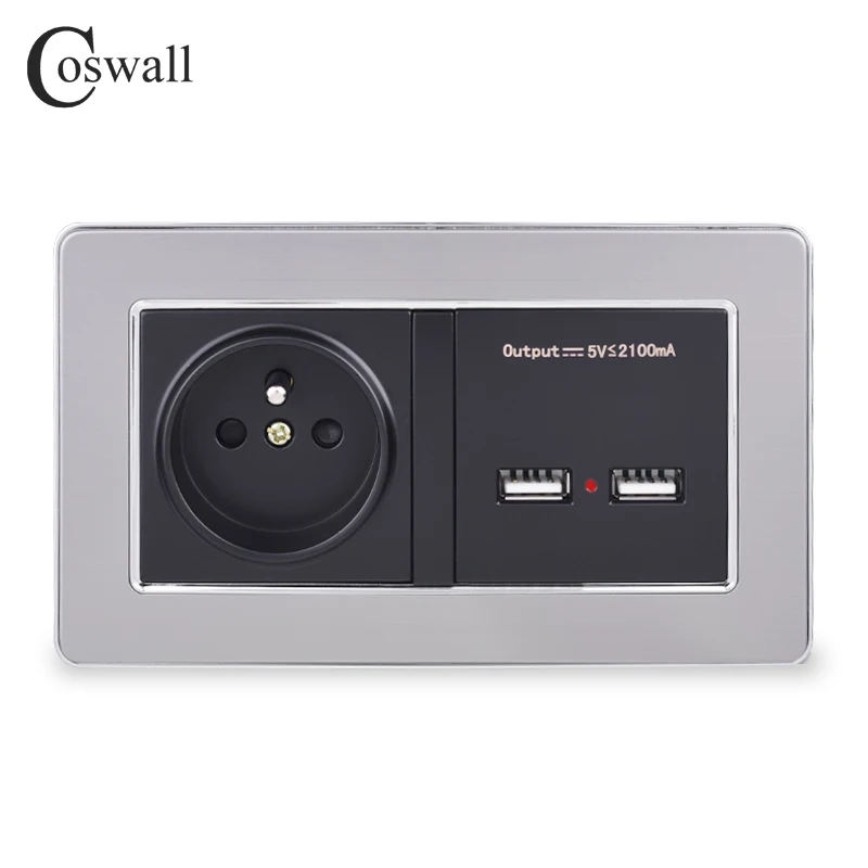 COSWALL настенная розетка, французский стандарт, розетка с двумя USB, умный индукционный порт зарядки, 5 В, 2.1A выход, панель из нержавеющей стали
