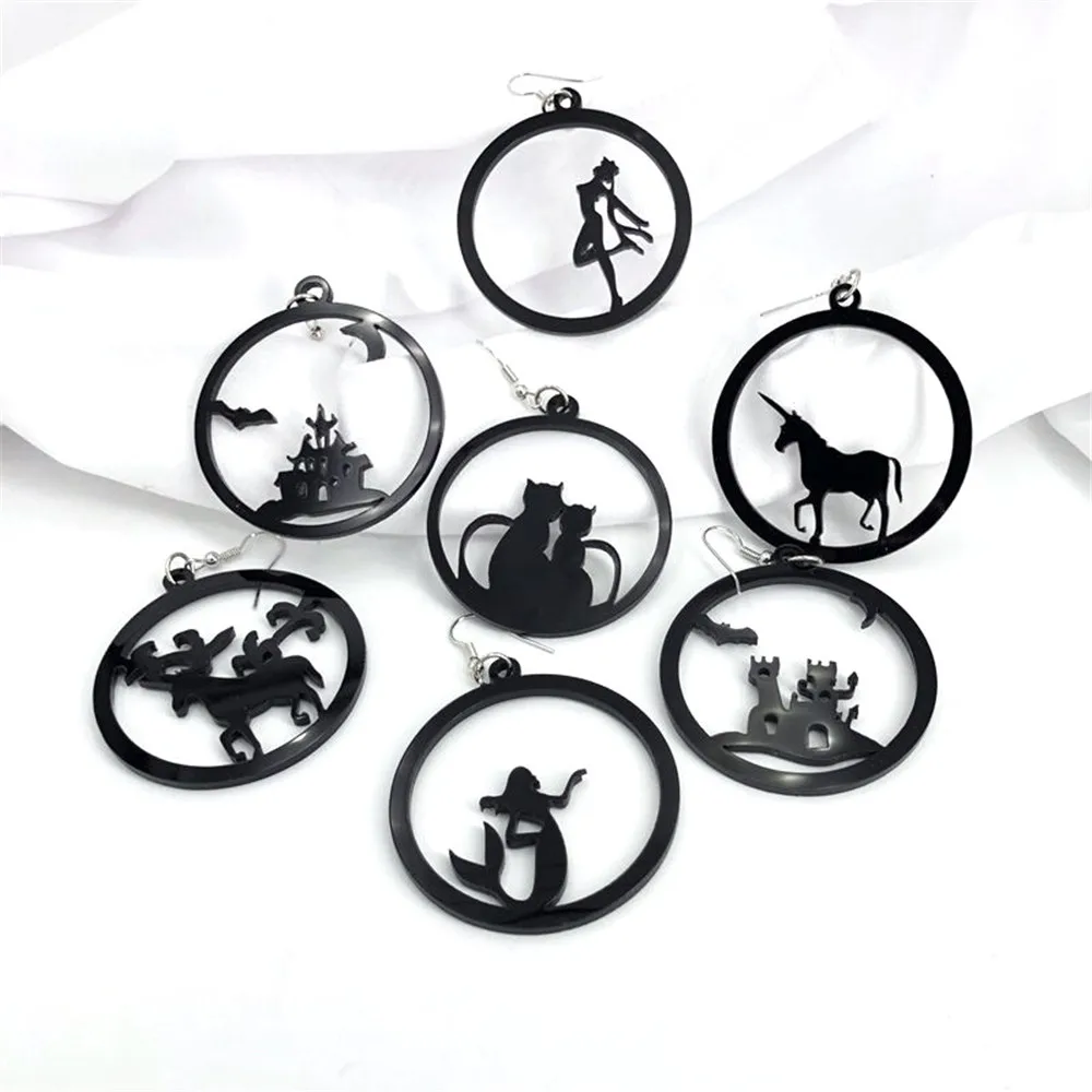 

Новые Модные Акриловые висячие серьги с черными животными ведьмой для женщин круглые серьги в стиле ретро с вырезами подвески из смолы ювел...