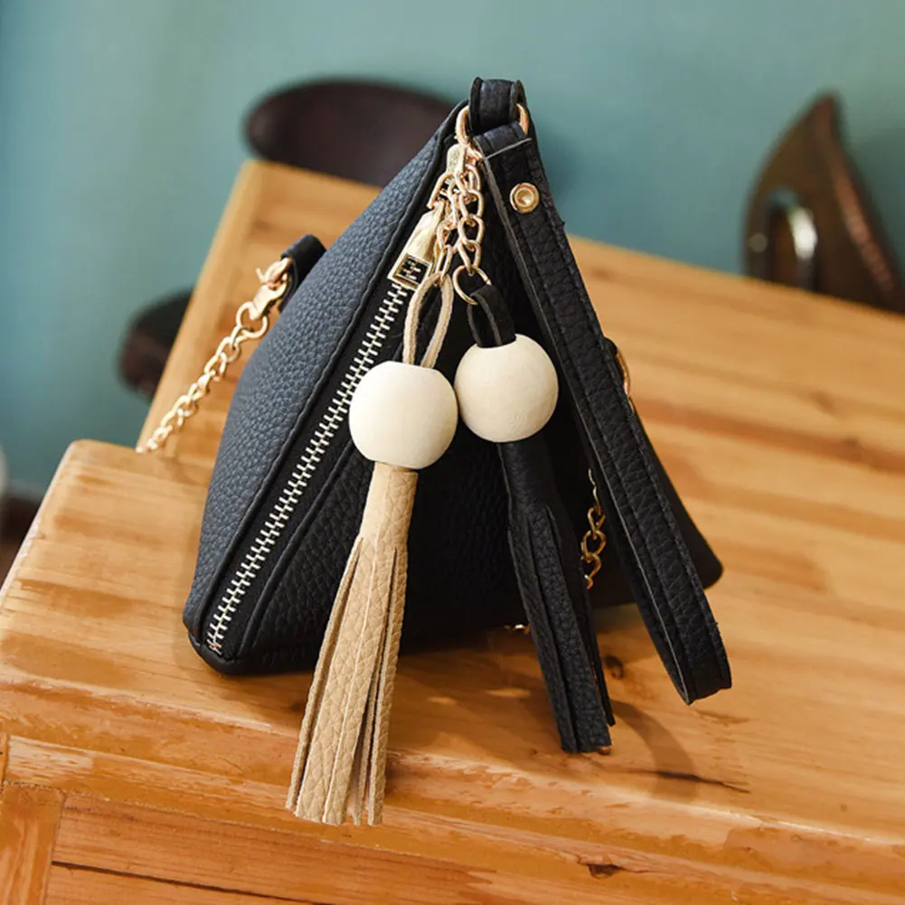 

2019 New Fashion Triangle Women Purse Casual Fringe Bag Ladies Mini Tassel Wallet Female Clutches Casual PU Leather Bags