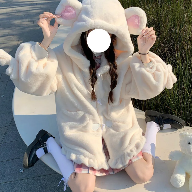 Japanese Kawaii Girl Jk Faux Fur Teddy Coat Cute Bear Ears Lolita Jacket Women Winter Thickened Lantern Sleeve Female Plush Coat