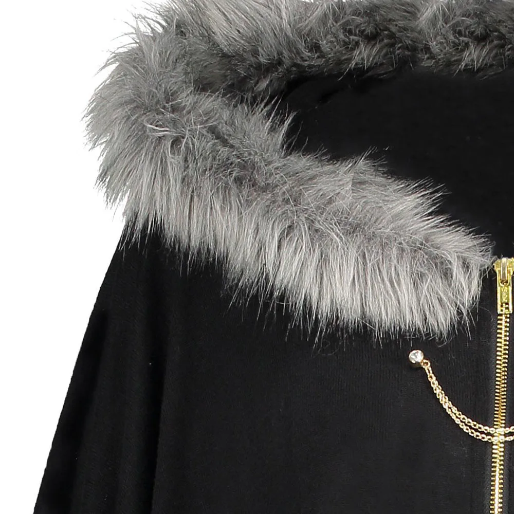 Готическая женская зимняя теплая черная накидка на молнии с неровным пухом