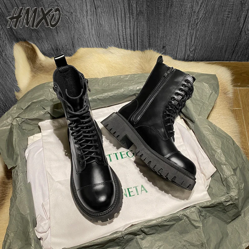 

HMXO Women British Martin Boots Mid-tube Motorcycle Boots Thick Heel Lace-up Increased Short Boots Thick-soled Chelsea Boots