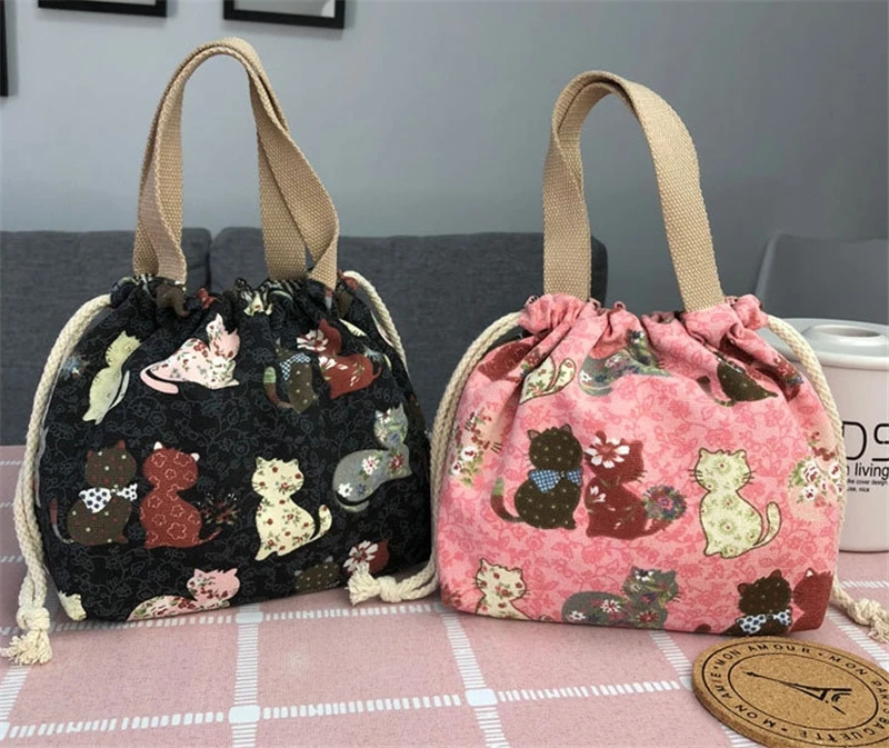 Женская сумка для ланча с кулиской из парусины, сумочка, милый мультфильм, Рисовые сумки, печать, переносная коробка для ланча, сумка для женщин, универсальный кошелек для монет