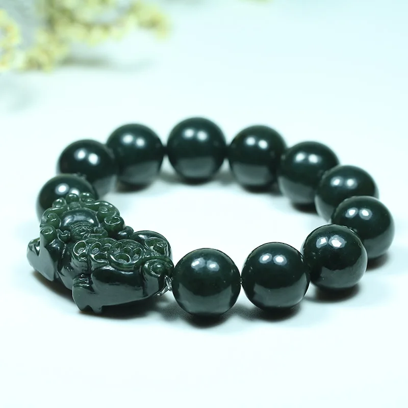 

Natural Hetian Jade 16mm beads Pixiu Elastic Bracelet Charm Jewellery Fashion Accessories Hand-Carved man woman Amulet Gifts