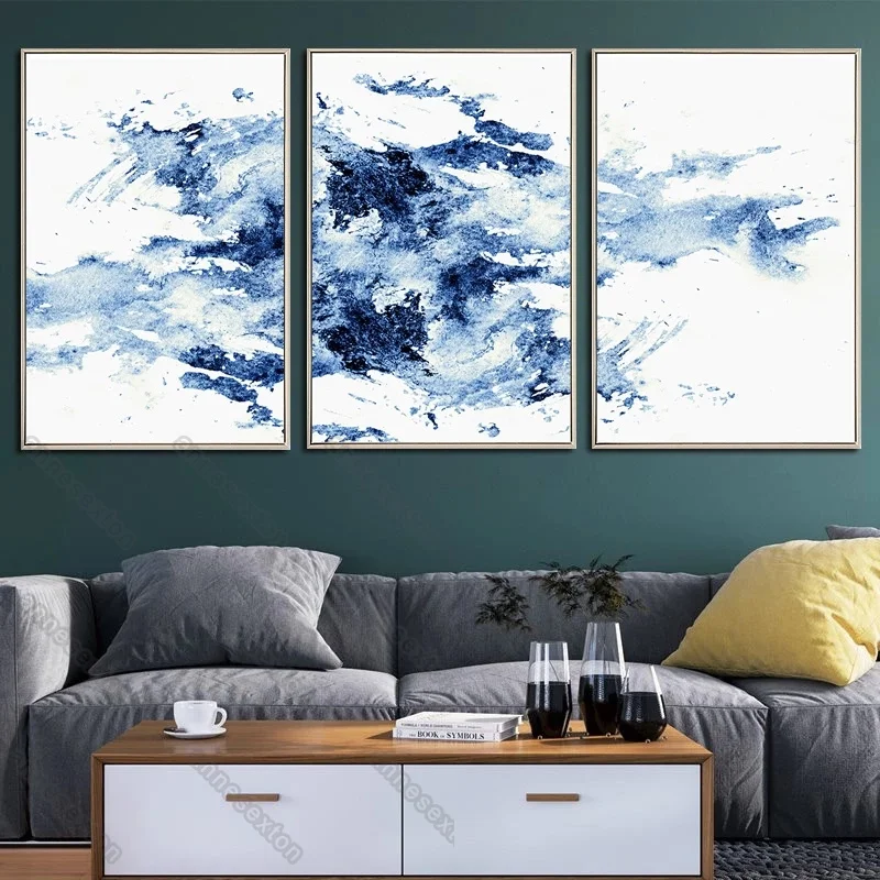 

Abstract Blue Ocean Landscape Black and White Water Wave Modern Style Canvas Painting Poster and Print for Home Rooms Wall Decor