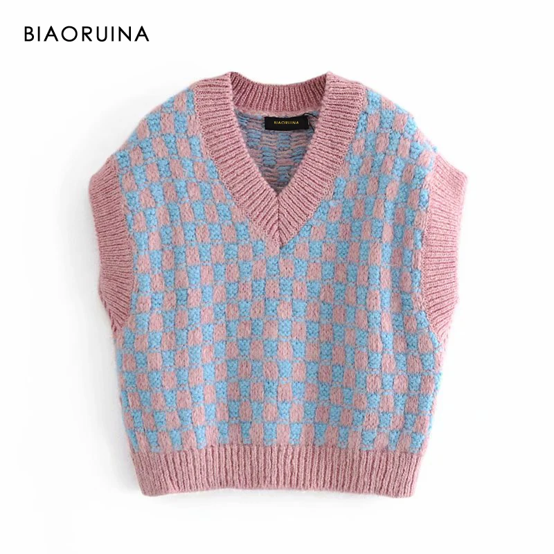 BIAORUINA для женщин с v-образным вырезом розового цвета в цветочек клетку свободные