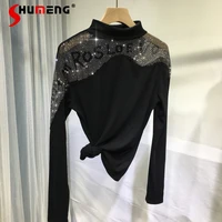 heavy embroidery hot drilling bottoming shirt womens half turtleneck autumn long sleeve t shirt black base top inner wear