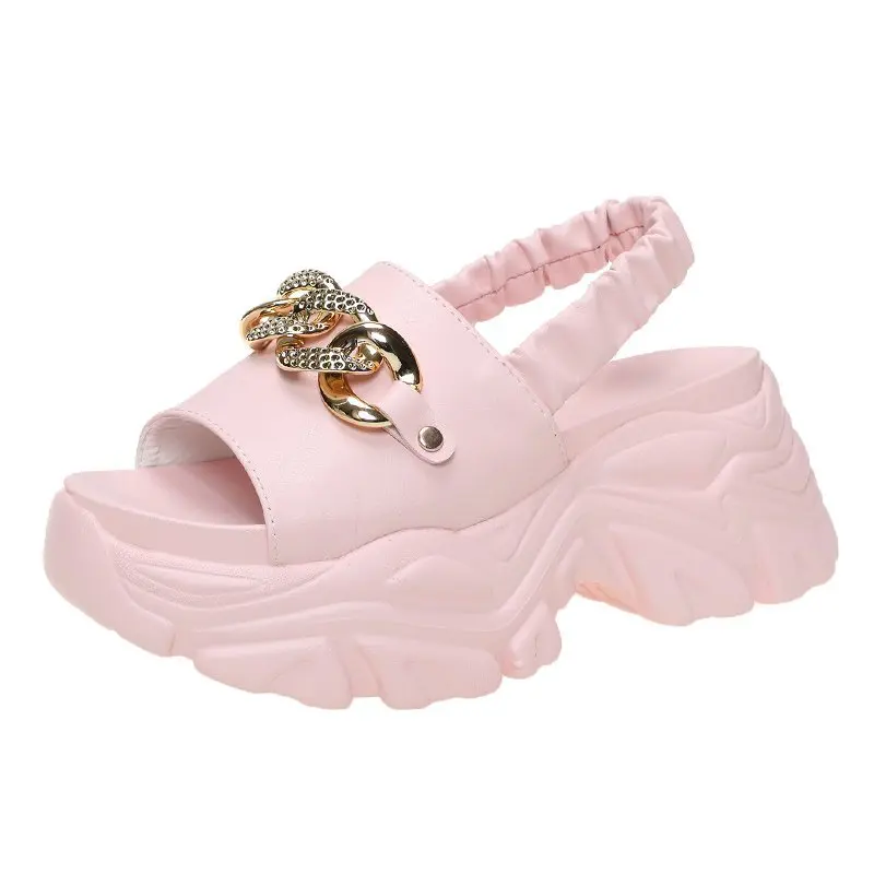 

High-heel Platform Sandals 2021 New Women's Summer Outer Wear Muffin Super High-heel Sandals Metal Chain One-word Sandals