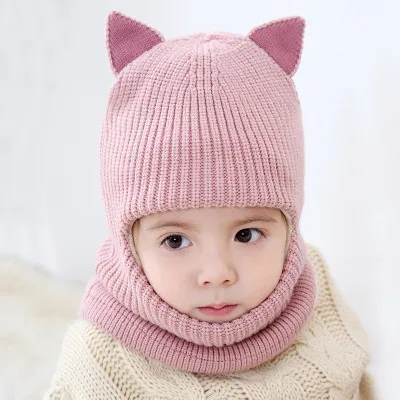 Шарф-капюшон для маленьких мальчиков и девочек 2-6 лет, шапки, теплые флисовые Плюшевые Вязаные шапки и повязки на уши - Цвет: pink