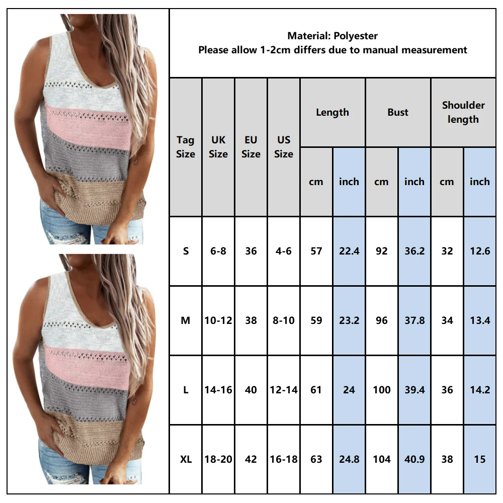 

Color Block Tank Tops Women Sleeveless Round Neck Knitted T-shirt Tops Casual Female Loose Patchwork Hollow Out Summer Vest D30